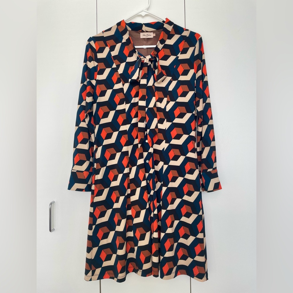 Miss Patina Geometric Tie Neck Button Front Dress